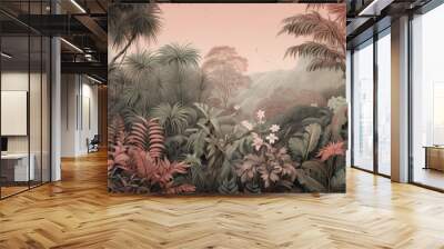 Retro mural photo wallpaper jungle and graceful leaves tropical forest vintage background graphics painting art card poster print interior - generative AI Wall mural