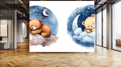 Watercolor cute little bear sleeping on clouds with moon and stars, PNG, card, poster, print, transparent background, generative AI Wall mural