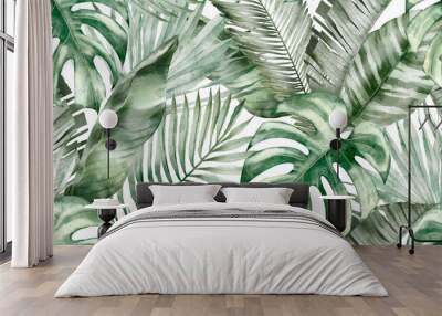 Watercolor tropical seamless pattern: botanical leaves Wall mural