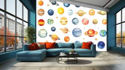 Watercolor vector illustration planet galaxy universe solar system stars set clipart sketch Mercury Venus Earth Mars Jupiter Saturn Uranus Neptune transparent background generative AI Wall mural