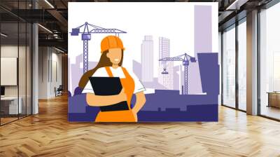 builders work engineer on construction in orange uniform woman Wall mural