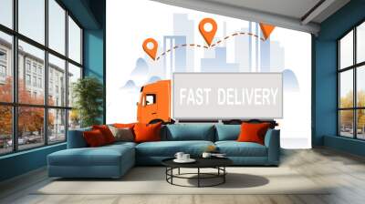 Delivery van in the city with location icon. Express delivery services commercial truck. Flat vector illustration Wall mural