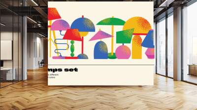 Set of lamps. Flat vector nightlights, floor lamp, and lamp for table. Different colourful interior light furniture for modern home decor. Illustration isolated on background Wall mural