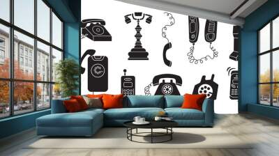 Set of Various classic and modern telephones. Wire, cell and mobile phones. Retro vintage style icons. Hand drawn Vector illustration isolated on background Wall mural