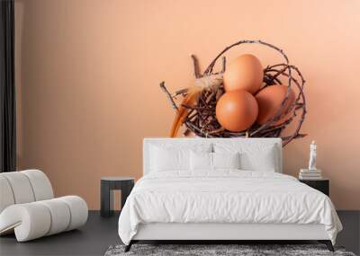 Chicken eggs in a nest on a beige background. Farming, Easter. Free space for text Wall mural