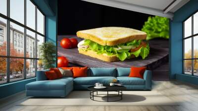 Sandwich with white bread, lettuce and vegetables on a dark background. A quick healthy snack. Wall mural