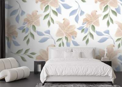 Delicate floral pater in pastel colors with green and blue leaves and beige golden lilies on a white background, seamless pattern Wall mural