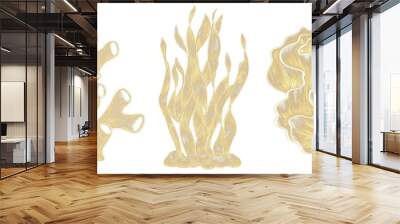 Gold decorative hatched illustrations of algae on a white background Wall mural