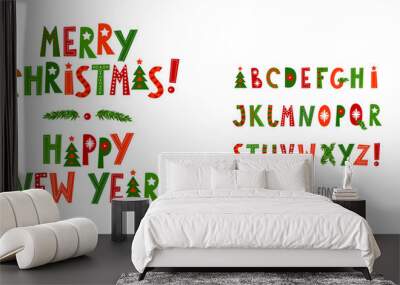 Christmas decorative font. Capital letters. Merry Christmas happy new year. For posters, banners, greeting cards. Vector illustration Wall mural