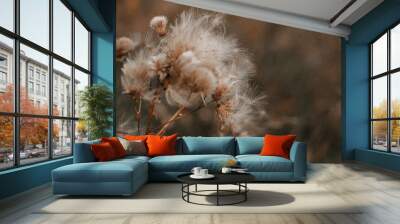 Autumn monochrome nature close up. White fluffy seeds Wall mural