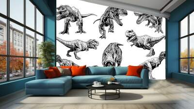 Graphical set of tyrannosauruses isolated on white, vector dinosaurs , elements for tattoo , design   Wall mural