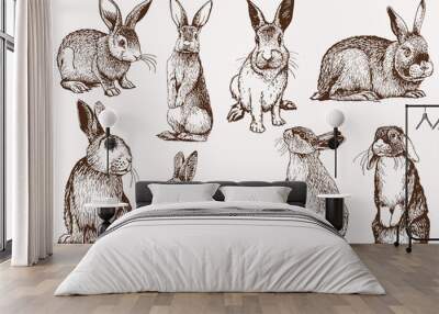 Graphical vintage set of bunnies ,vector retro illustration. Wall mural