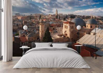 Jerusalem top view above postcard. Church of the Holy Sepulchre and tower of Terra Sancta church in Old City Wall mural