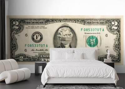 Two dollar concept with Thomas Jefferson masked by virus. Coronavirus protection. Horizontal frame Wall mural