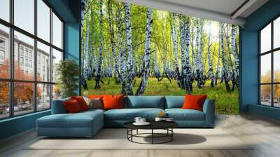 Summer scene in a birch forest lit by the sun. Summer landscape with green birch forest. White birches and green leaves Wall mural