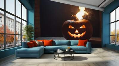 A scary pumpkin lantern with evil grin for Halloween. Wall mural