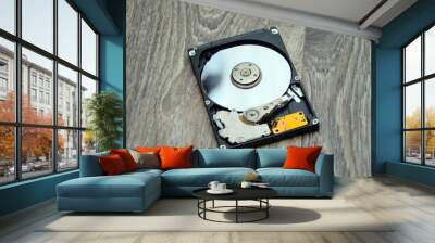 Disassembled hard drive from the computer, hdd with mirror effect. Part of computer pc, laptop Wall mural