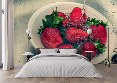 Fresh strawberries in a bowl on a background Wall mural