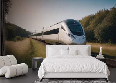 Modern high-speed train approaches to the station at spring morning time. Wall mural