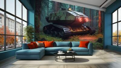 tank parked in a forest, with foliage growing around it Wall mural