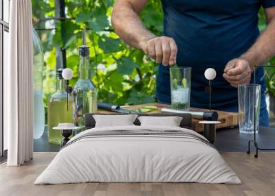 Preparation of an alcoholic cocktail Mojito in a glass and pieces of ice, lime, mint and soda on the table. Wall mural