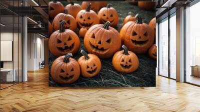 Lots of big orange pumpkins with faces for Halloween. A traditional holiday and terrible pumpkin lanterns and masks. Autumn holiday. Wall mural