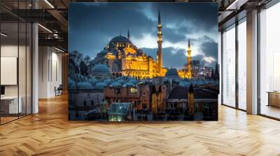 Night Suleymaniye Mosque against dramatic sky. It's an Ottoman imperial mosque located on the Third Hill of Istanbul, Turkey. It is the second largest mosque here, and one of the best-known sights. Wall mural