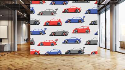 Sport cars seamless pattern. fun cartoon street racing cars for children fabric and fashion textile print. Vector background. Wall mural