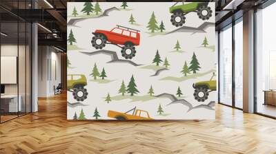 SUV off road cars seamless pattern with pines and stones. Endless fun cartoon texture for children fabric and fashion print. Vector background. Wall mural