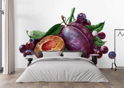 Plums and grapes. Colorful illustration. Ripe fruit on a white background. Fruits drawn in watercolor. Wall mural