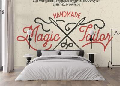 Magic Tailor. Font set with serif and script typeface. Tailor logotype. Wall mural