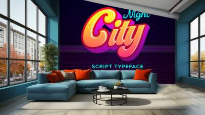 Night City. 3D script font in 1980s style. Illustration of 1980 retro neon poster. Futuristic landscape. Wall mural