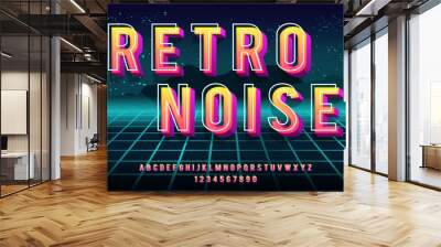 Retro Noise. 3D bold font in 1980s style. Illustration of 1980 retro neon poster. Futuristic landscape. Wall mural