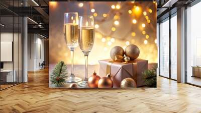 Festive background, two glasses of champagne, golden glitter of stars and snowflakes. A gift lies nearby Wall mural