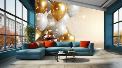 Beautiful Festive Background with Gold and White Balloons Wall mural