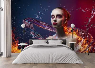 beautiful girl surrounded with the dragon made of water and fire. Wall mural