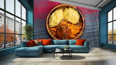 African maize porridge called ugly in bowl. nshima, with meat and sweet potatoes. flat lay Wall mural