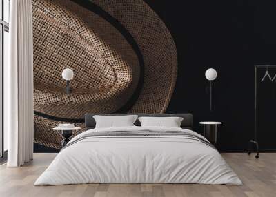 Vintage men's sun hat on a black background. The concept of vacation, vacation, travel, sales, black Friday. Wall mural