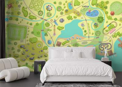 Amusement park map. (Top view) Attractions, paths, lake, river, plants, playground. (View from above) Wall mural