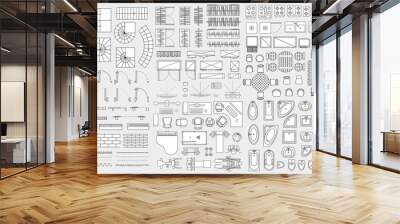 Architectural elements and furniture for the floor plan. Top view. Ladders, doors, windows, wardrobes, trainers, tables, baths, toilet bowls, urinals. View from above. Wall mural