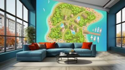 Island top view. Summer vacation. Time to travel - sun, sea, island, sand, yacht, palm. (View from above) Wall mural