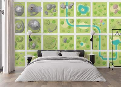 Set landscape blocks. (top view) Mountains, hills, river, lake, forest, camping. (view from above)  Wall mural