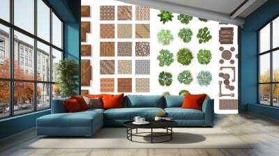 Set of landscape elements. Houses, architectural elements, furniture, plants. Top view. Paths, furniture, houses, trees. View from above.  Wall mural