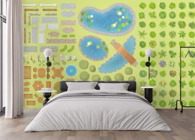 Set of park elements. (Top view) Collection for landscape design, plan, maps. (View from above) Wall mural