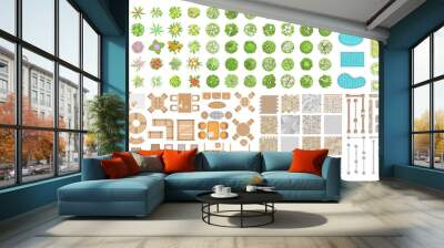 Vector set for landscape design. Outdoor furniture, architectural elements, trees and flowers. (top view) Fences, paths, tile, benches, tables, chairs, sun loungers, umbrellas. (view from above) Wall mural