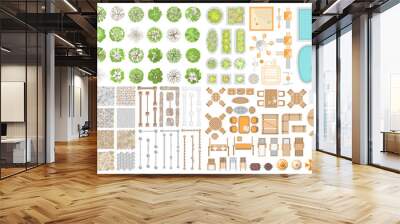 Vector set. Collection for landscape design, plan, maps. (Top view) Trees, flower beds, playground, ponds, swimming pools, pavement, fences, furniture. (View from above)  Wall mural