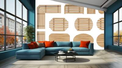 Vector set. Outdoor wooden furniture. (top view) Isolated Vector Illustration. Tables, benches, chairs, sunbeds. (view from above).  Wall mural