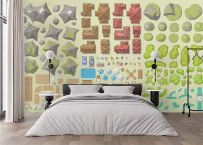 Vector set. Urban and landscape elements. Top view.
Mountains, hills, roads, houses, stones, forest, river, people, furniture, cars. View from above.  Wall mural