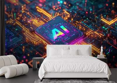 AI processor chip on a vibrant circuit board, surrounded by glowing neon lines and components, symbolizing advanced technology and artificial intelligence innovation Wall mural