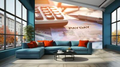 Calculator and paycheck on a desk representing payday and financial management Wall mural